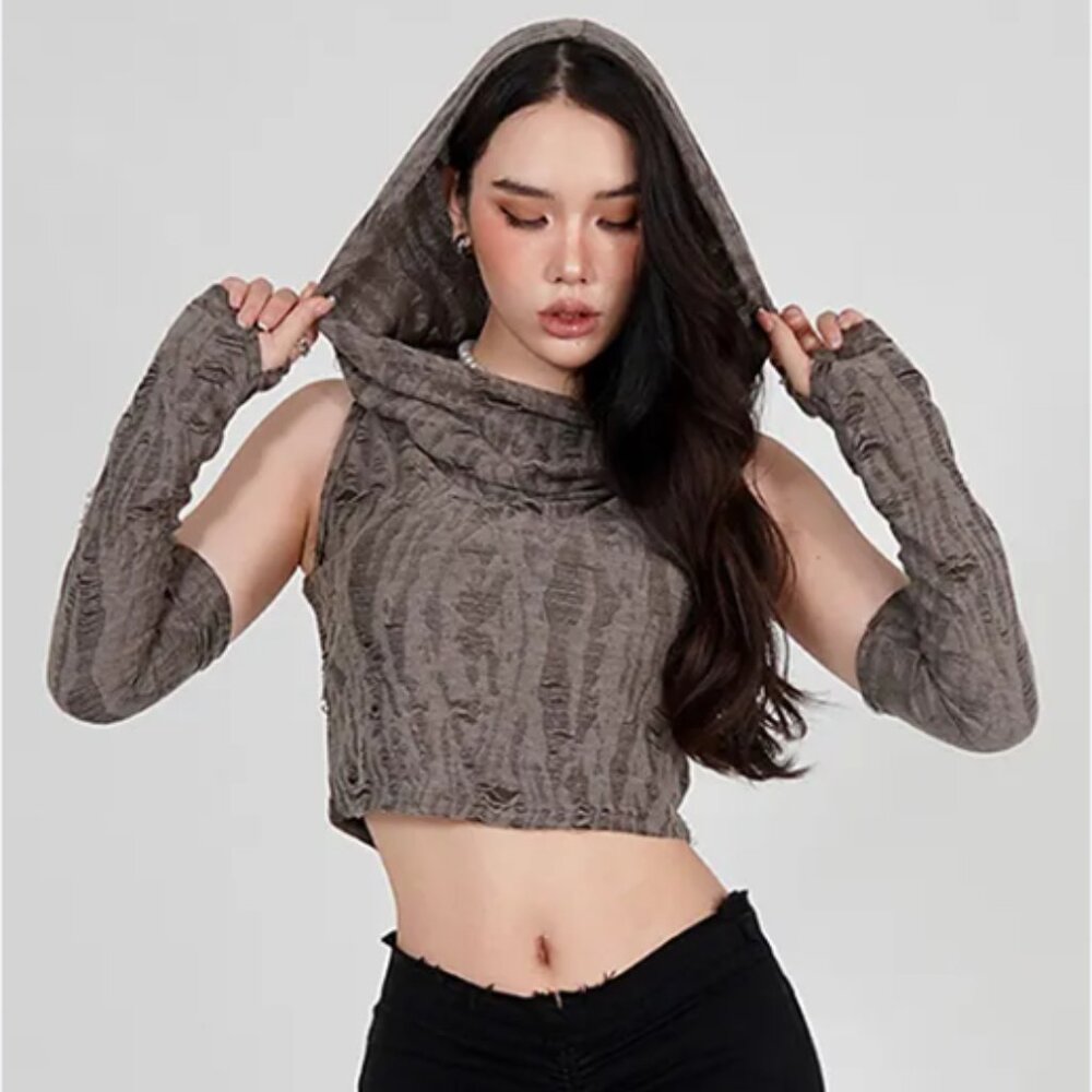 Cowl Hooded Crop Top in Taupe with Detachable Arm Warmers